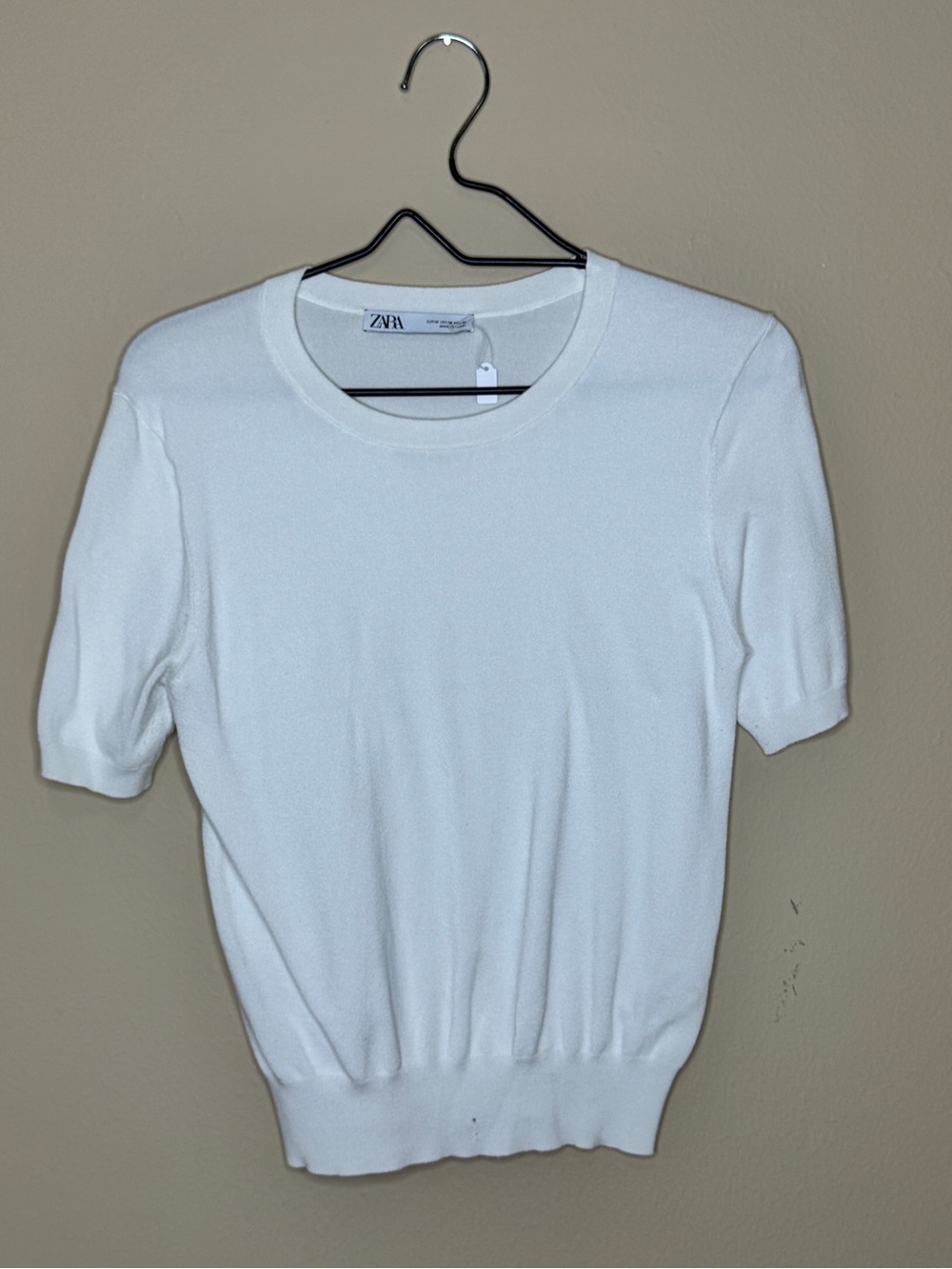 ZARA Cream Ribbed Short Sleeve Knit Top
